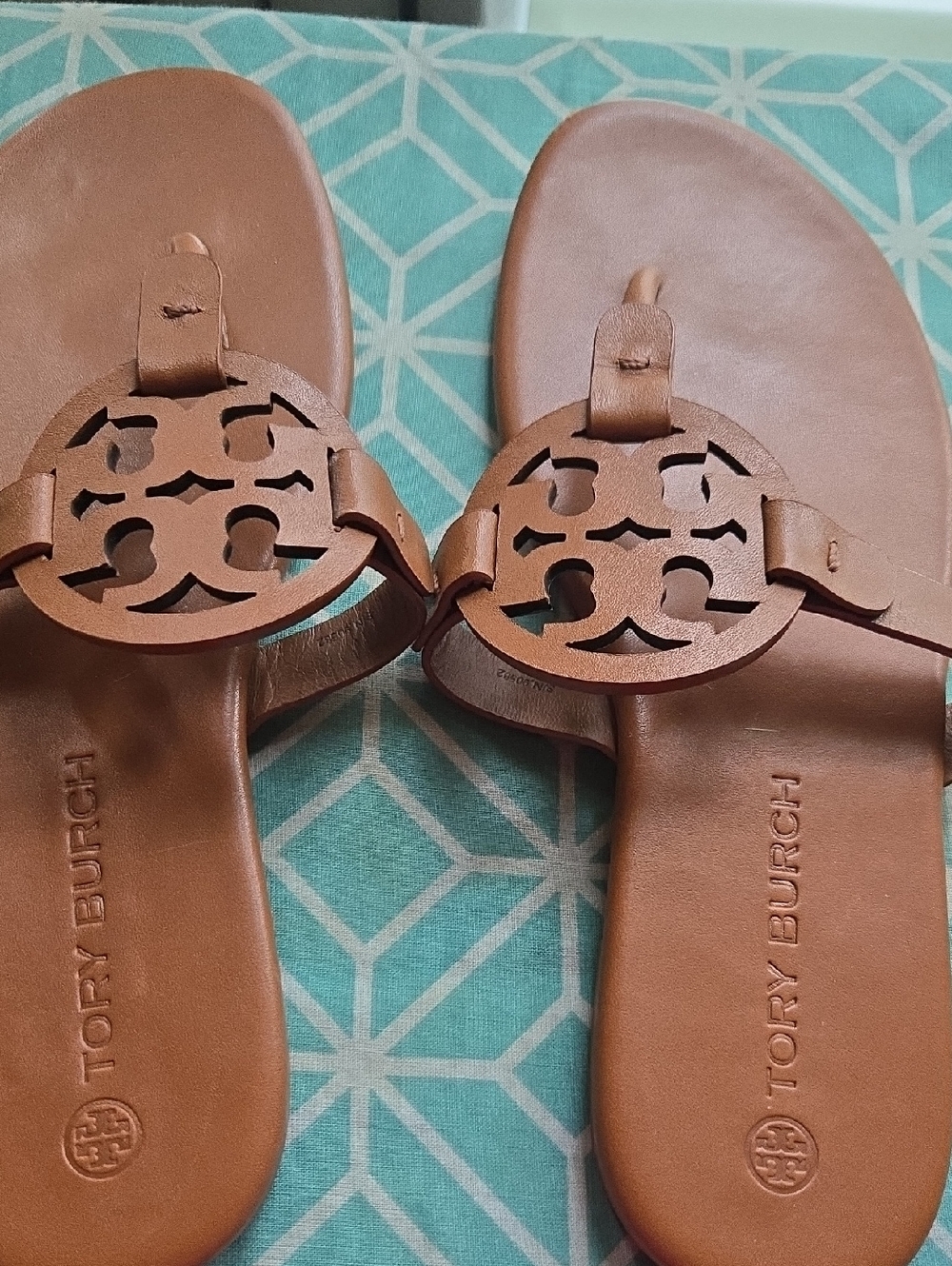 Tory Burch Cognac Leather Miller Logo Slide Sandals
